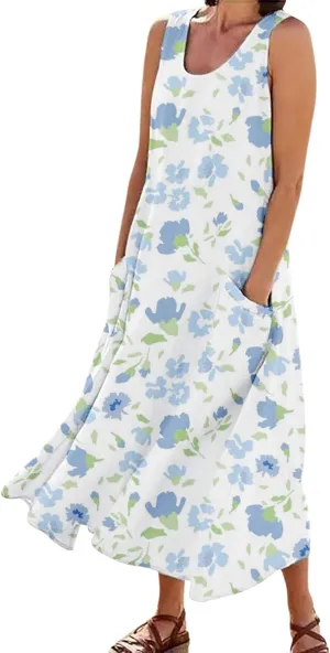 ZYXTIM Women's Summer Maxi Dress Floral Print Sleeveless Bohemian Beach Dress Cover Up Travel Vacation Long Dress with Pocket
